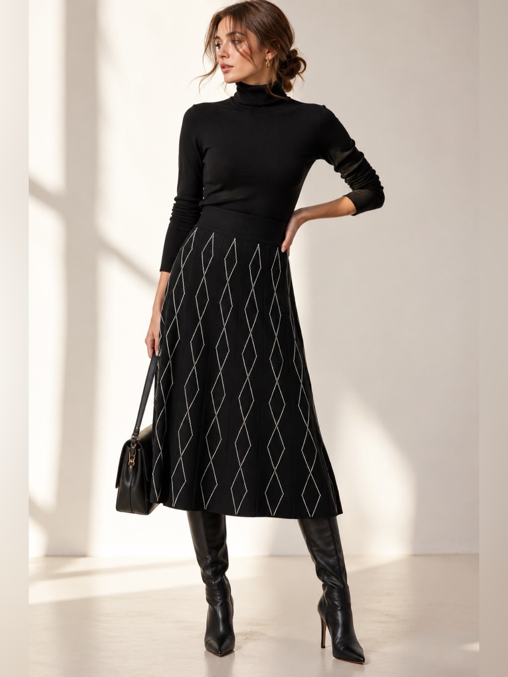 NWT Floral & Ivy Black Midi Skirt with Geometric Knit Pattern